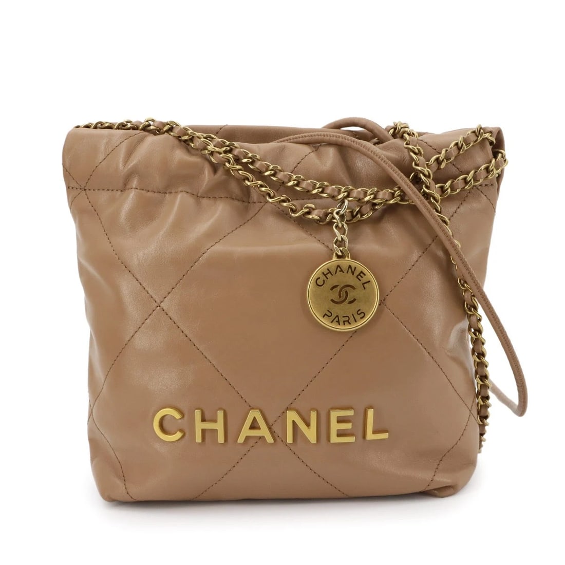 CHANEL 22 MINI CHAIN HAND SHOULDER BAG LEATHER: CHANEL 22 Mini Chain Hand Shoulder Bag Leather Brand: CHANEL Type/Style: Hand Bag / Shoulder Bag Material: Leather Color: Brown Size: W 6.69 inch, H 7.48 inch, D 2.17 inch Accessories: None