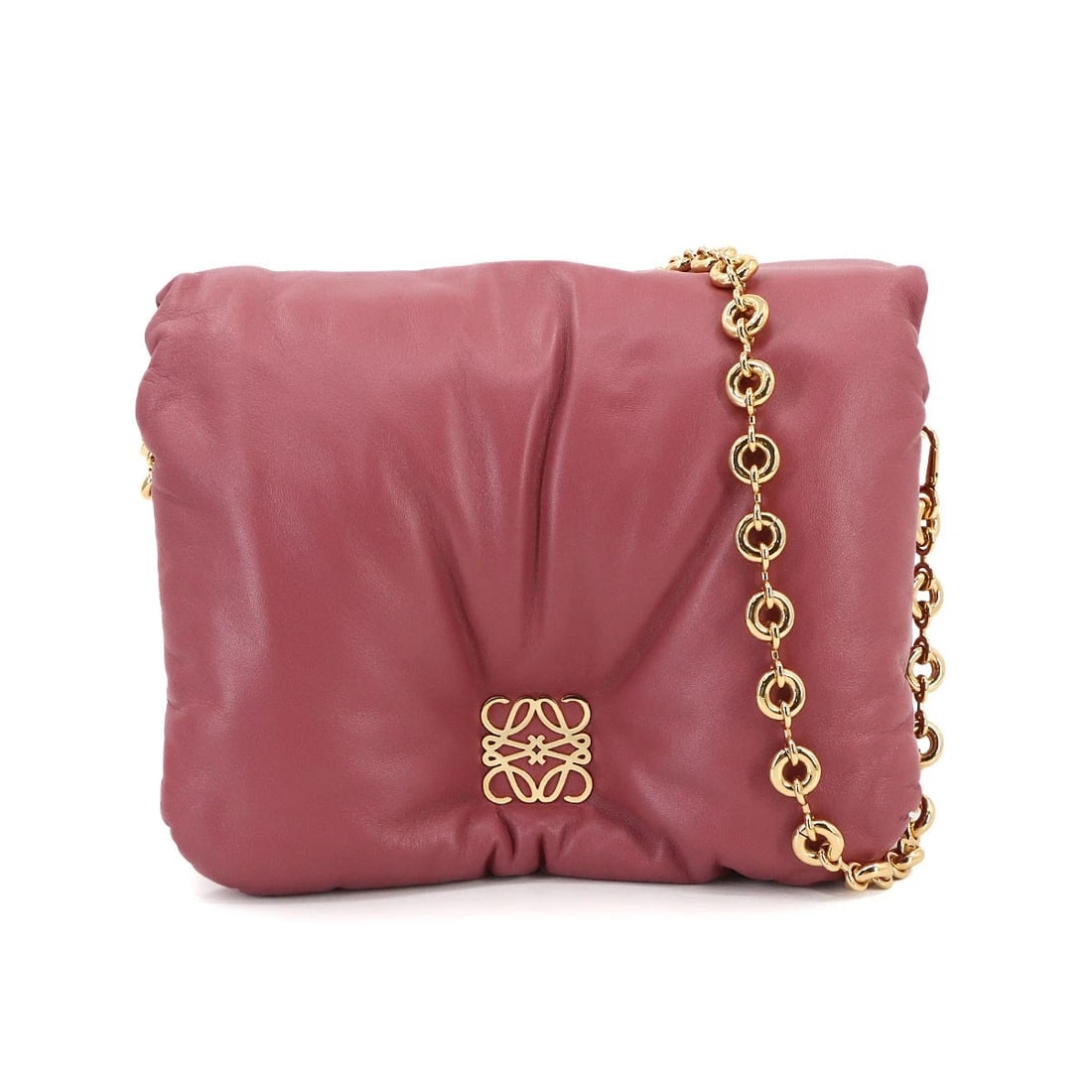 LOEWE PUFFER GOYA CHAIN SHOULDER BAG LEATHER: LOEWE Puffer Goya Chain Shoulder Bag Leather Brand: LOEWE Type/Style: Shoulder Bag Material: Leather Color: Pink Size: W 9.06 inch, H 7.09 inch, D 4.72 inch Accessories: None Accessories N