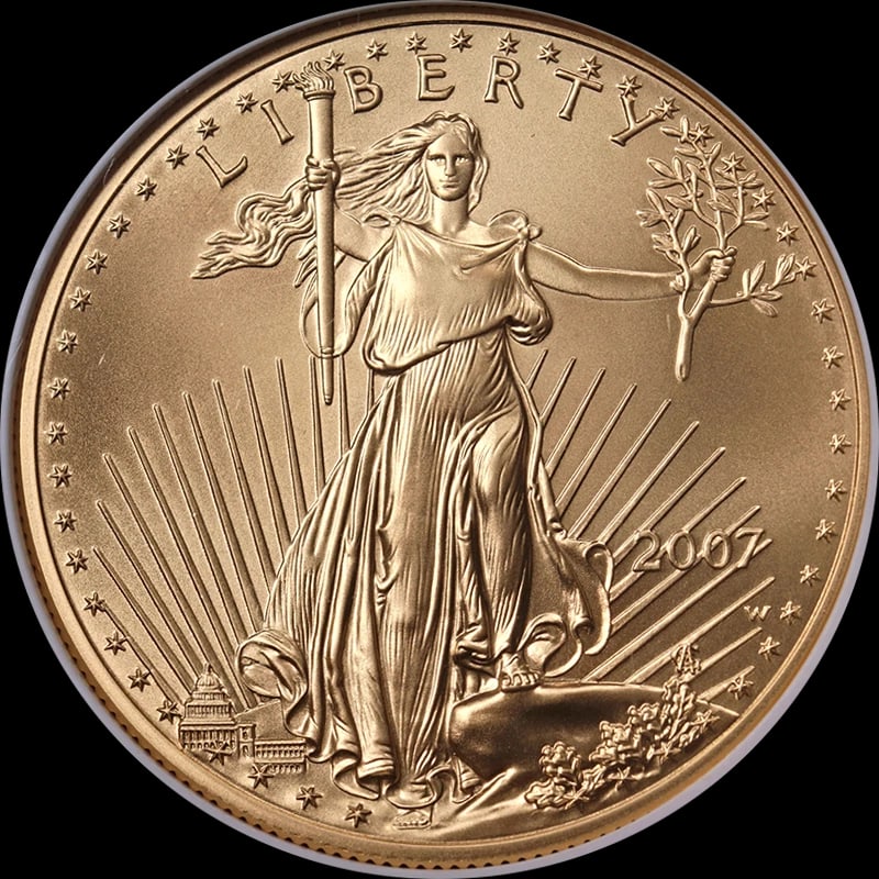 2007-W GOLD AMERICAN EAGLE $50: 2007-W Gold American Eagle $50 Year: 2007 Fineness: None Composition: Gold Denomination: $50 Country of Origin: United States Accessories: None Accessories Notice: When purchasing pre-owned goods,