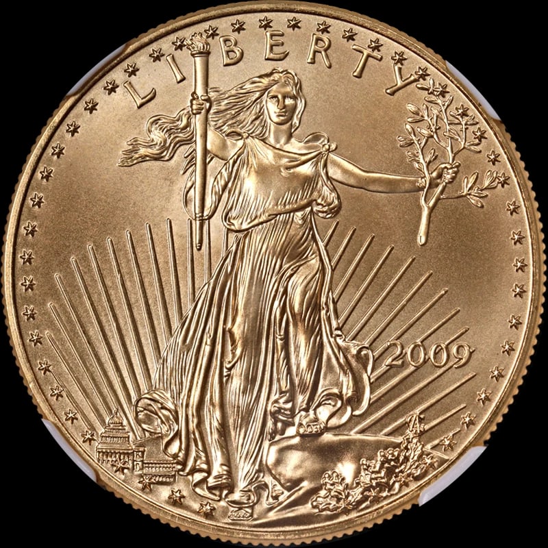 2009 GOLD AMERICAN EAGLE $50 BROWN LABEL: 2009 Gold American Eagle $50 Brown Label Year: 2009 Fineness: 0.9167 Composition: Gold Denomination: $50 Country of Origin: United States Accessories: None Accessories Notice: When purchas