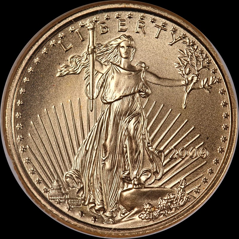 2000 GOLD AMERICAN EAGLE $5: 2000 Gold American Eagle $5 Year: 2000 Fineness: 0.9167 Composition: Gold Denomination: $5 Country of Origin: United States Accessories: None Accessories Notice: When purchasing pre-owned goods,