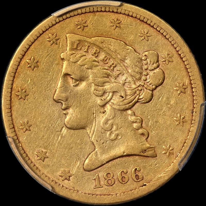 1866-S LIBERTY GOLD $5: 1866-S Liberty Gold $5 Year: 1866 Fineness: None Composition: Gold Denomination: $5 Country of Origin: United States Accessories: None Accessories Notice: When purchasing pre-owned goods, please