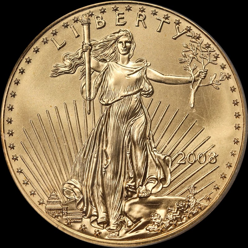 2008 GOLD AMERICAN EAGLE $50: 2008 Gold American Eagle $50 Year: 2008 Fineness: 0.9167 Composition: Gold Denomination: $50 Country of Origin: United States Accessories: None Accessories Notice: When purchasing pre-owned goods,
