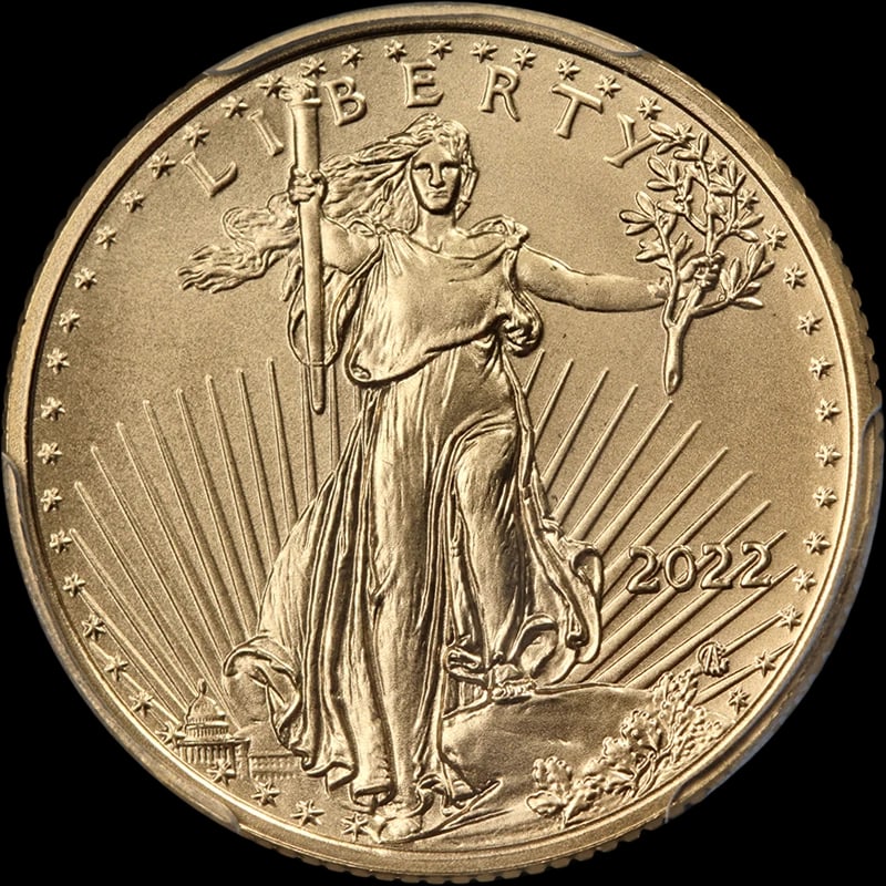 2022 GOLD AMERICAN EAGLE $10: 2022 Gold American Eagle $10 Year: 2022 Fineness: 0.9167 Composition: Gold Denomination: $10 Country of Origin: United States Accessories: None Accessories Notice: When purchasing pre-owned goods,