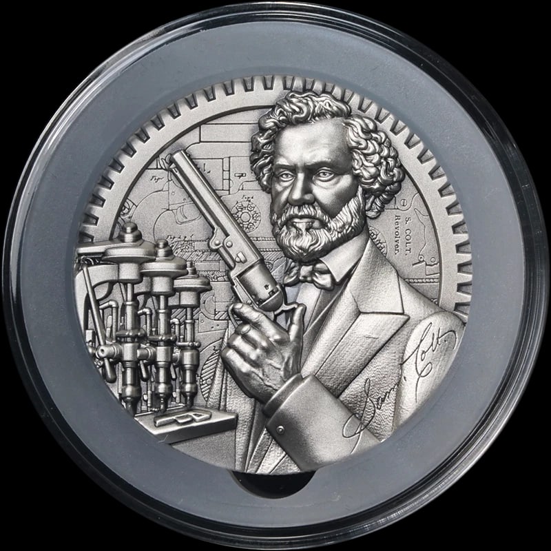 2025 SAMOA SILVER 5 TALA FATHER OF THE REVOLVER SAMUEL COLT: 2025 Samoa Silver 5 Tala Father of the Revolver Samuel Colt Year: 2025 Fineness: 0.999 Composition: Silver Denomination: None Country of Origin: United States Accessories: None Accessories Notice: