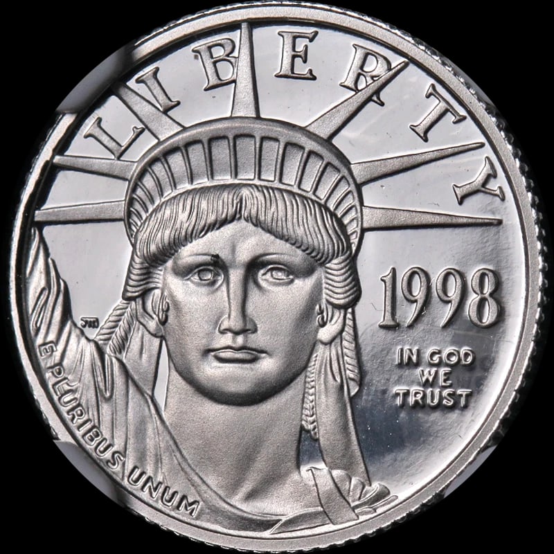 1998-W PLATINUM AMERICAN EAGLE $10: 1998-W Platinum American Eagle $10 Year: 1998 Fineness: 0.9995 Composition: Platinum Denomination: $10 Country of Origin: United States Accessories: None Accessories Notice: When purchasing pre-owned
