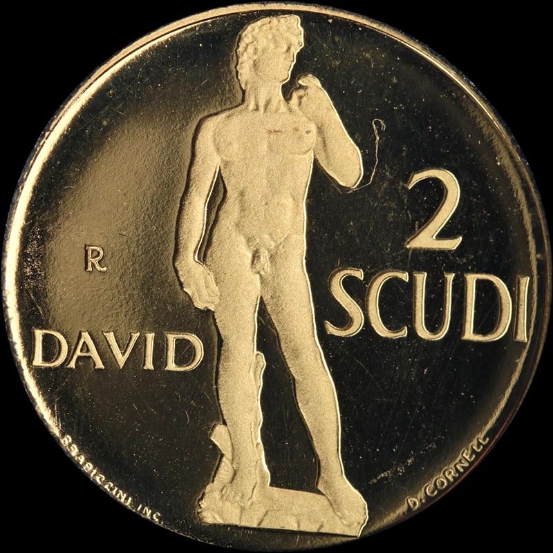 1997 SAN MARINO GOLD 2 SCUDI MICHELANGELO DAVID: 1997 San Marino Gold 2 Scudi Michelangelo David Year: 1997 Fineness: 0.9 Composition: Gold Denomination: None Country of Origin: San Marino Accessories: None Accessories Notice: When purchasing