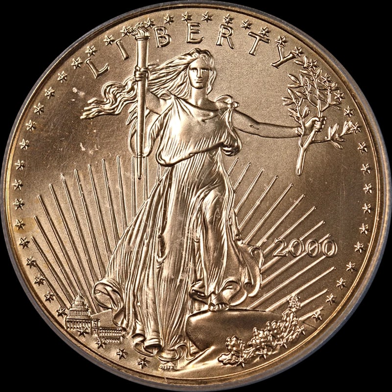 2000 GOLD AMERICAN EAGLE $50: 2000 Gold American Eagle $50 Year: 2000 Fineness: 0.9167 Composition: Gold Denomination: $50 Country of Origin: United States Accessories: None Accessories Notice: When purchasing pre-owne