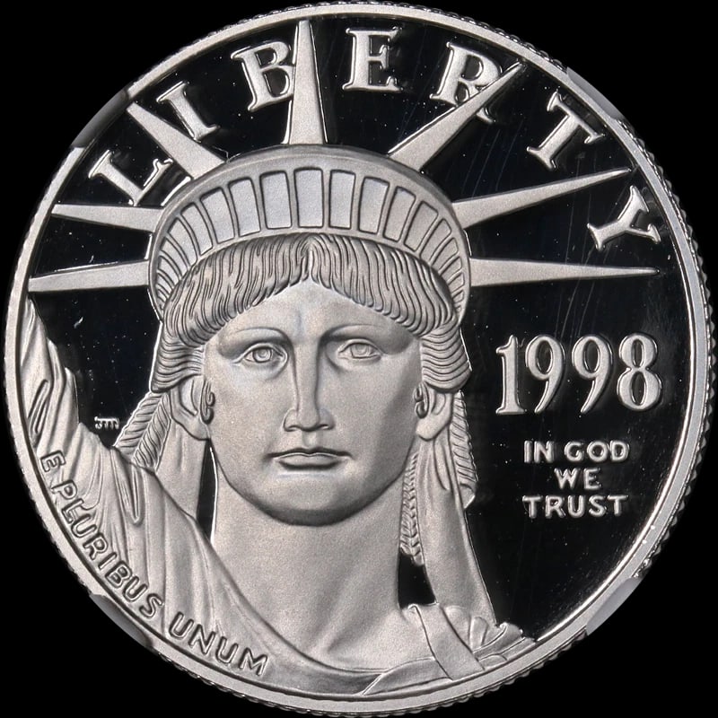 1998-W PLATINUM AMERICAN EAGLE $50: 1998-W Platinum American Eagle $50 Year: 1998 Fineness: 0.9995 Composition: Platinum Denomination: $50 Country of Origin: United States Accessories: None Accessories Notice: When purchasing pre-owned
