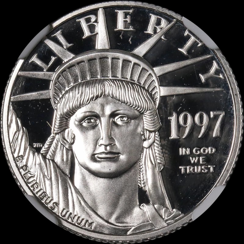 1997-W PLATINUM AMERICAN EAGLE $25: 1997-W Platinum American Eagle $25 Year: 1997 Fineness: 0.9995 Composition: Platinum Denomination: $25 Country of Origin: United States Accessories: None Accessories Notice: When purchasing pre-owned