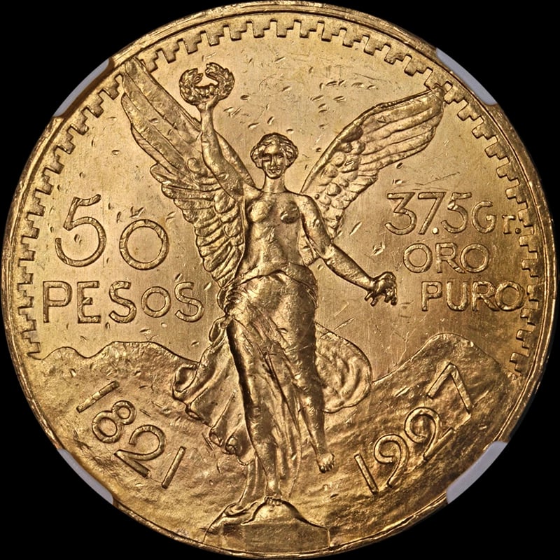 1927 MEXICO GOLD 50 PESO: 1927 Mexico Gold 50 Peso Year: 1927 Fineness: 0.9 Composition: Gold Denomination: 50 Peso Country of Origin: Mexico Accessories: None Accessories Notice: When purchasing pre-owned goods, please refer