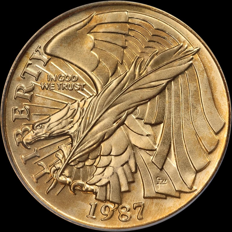 1987-W CONSTITUTION COMMEMORATIVE GOLD $5: 1987-W Constitution Commemorative Gold $5 Year: 1987 Fineness: 0.9 Composition: Gold Denomination: None Country of Origin: United States Accessories: None Accessories Notice: When purchasi