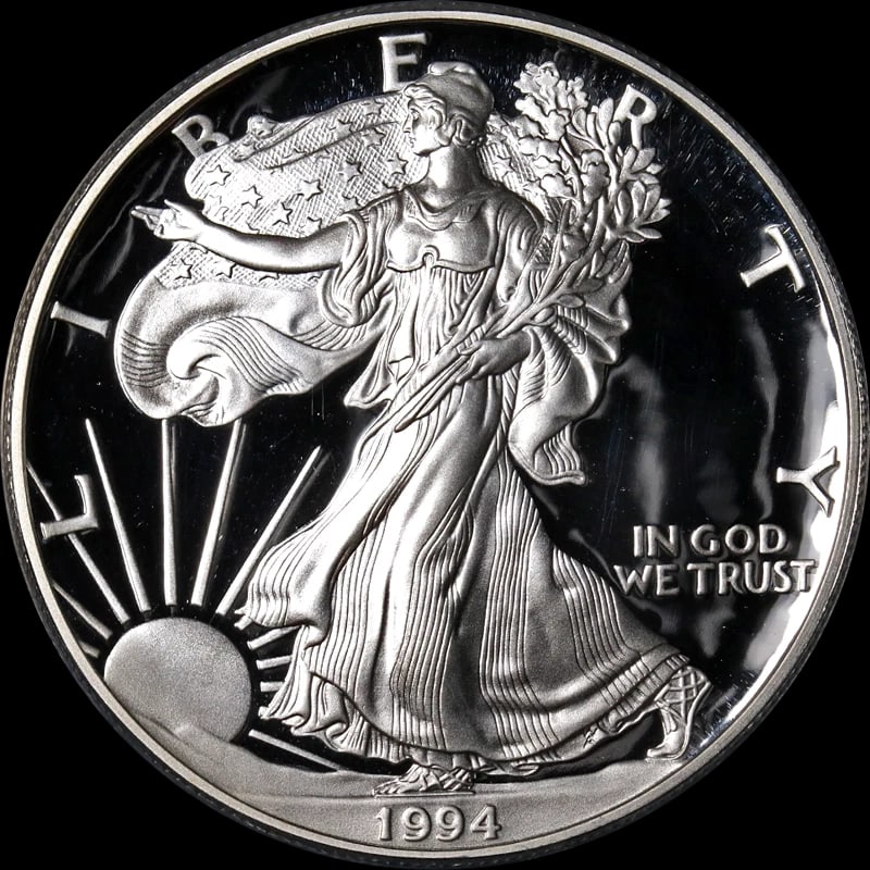 1994-P SILVER AMERICAN EAGLE $1: 1994-P Silver American Eagle $1 Year: 1994 Fineness: None Composition: Silver Denomination: $1 Country of Origin: United States Accessories: None Accessories Notice: When purchasing pre-ow