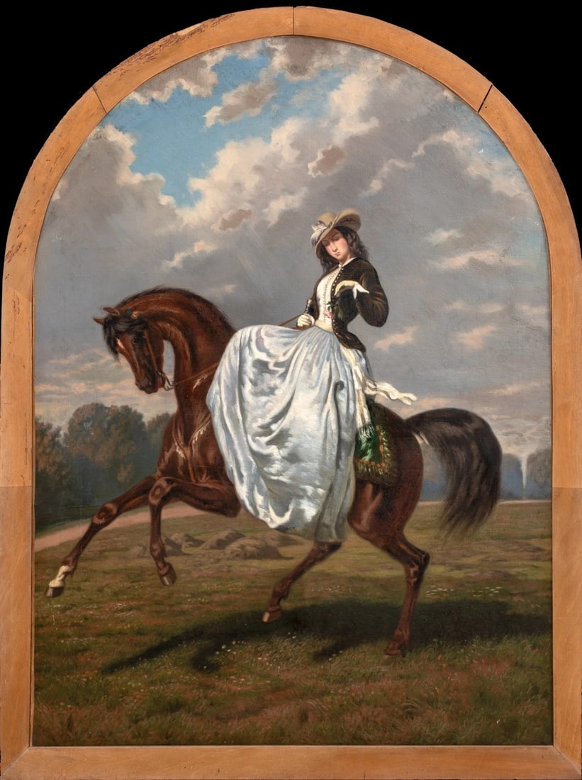 PORTRAIT OF A LADY RIDING SIDESADDLE OIL PAINTING ATTRIBUTED TO ALFRED DE DREUX: Year: 19th century Size: 48'' x 35'' Medium: Oil Description: Alfred De Dreux is credited with creating this large oil painting from the 19th century that depicts a woman riding sidesaddle in France. 