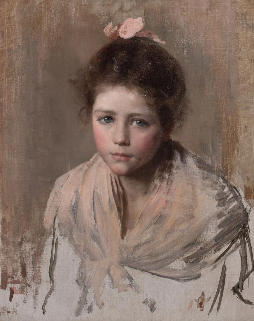 PORTRAIT OF A YOUNG GIRL WEARING A PINK BOW & SHAWL OIL PAINTING: Year: 19th century Size: 27" x 22" Medium: Oil Description: Samuel Luke Fields' large oil painting from around 1900 depicts a young girl, thought to be the artist's daughter Phyllis, with a pink shawl