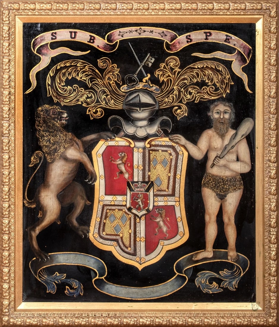 CLAN MURRAY COAT OF ARMS OIL PAINTING: Year: 18th century Size: 42.5" x 36" Medium: Oil Description: Clan Murray's large oil on canvas coat of arms from the 18th century. Beneath the flag with the Latin phrase "Sub Spe," which translates t