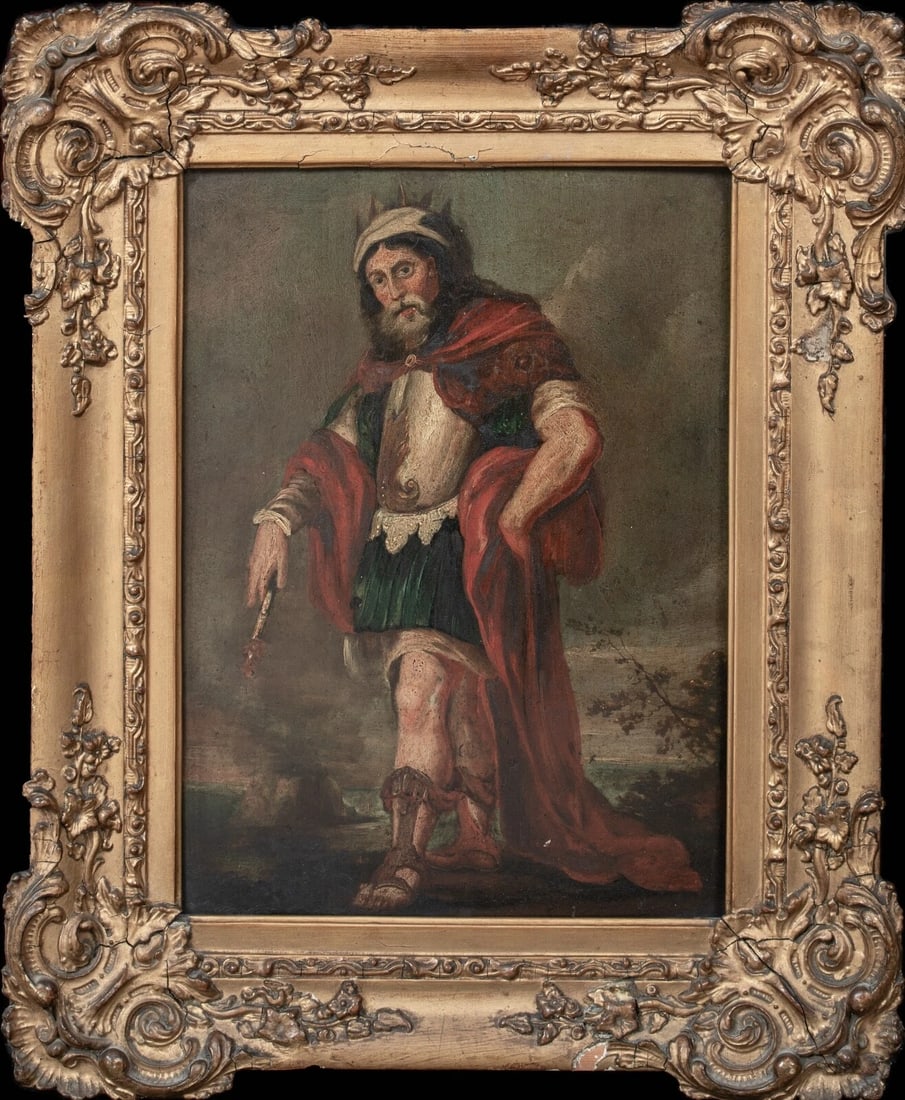 PORTRAIT OF FERGUS II KING OIL PAINTING: Year: 17th century Size: 18.5" x 14" Medium: Oil Description: Oil on panel picture of King Fergus II of Scotland from the European School of the 17th century. An uncommon and significant historical po