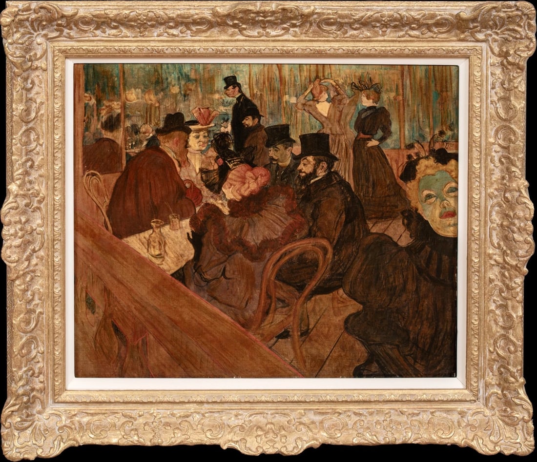 AU MOULIN ROUGE OIL PAINTING: Year: 20th century Size: 26" x 24" Medium: Oil Description: French impressionist of the early 20th century Henri de Toulouse-Lautrec's oil on canvas depicts the inside of a Parisian bistro. The artwor