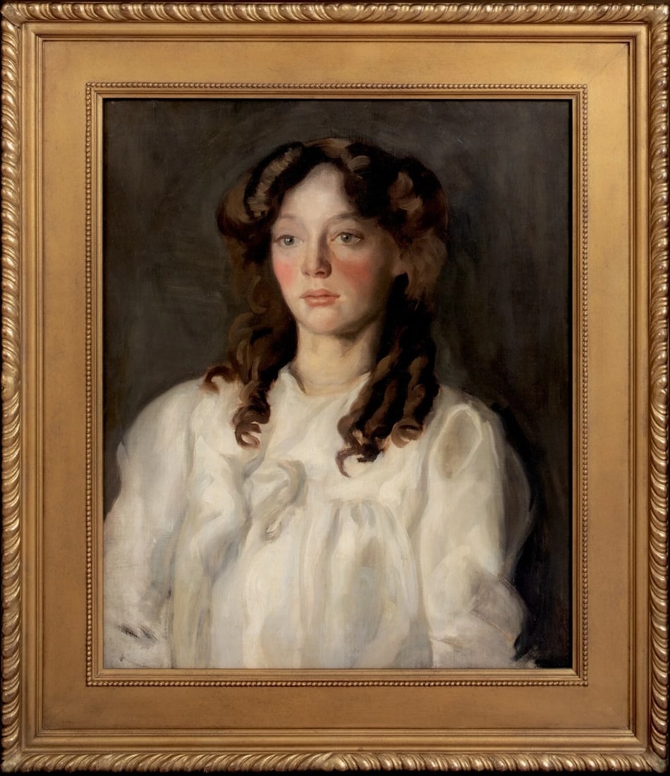 PORTRAIT OF A GIRL IN WHITE OIL PAINTING: Year: 19th century Size: 32" x 28" Medium: Oil Description: Large oil painting of a girl wearing white, created around 1900. A historic portrait of exceptional quality and condition that is comparable