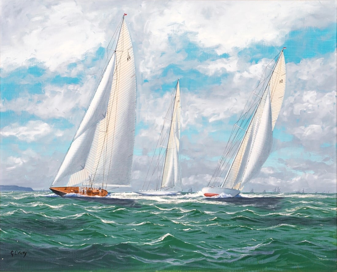 ENDEAVOUR, SHAMROCK AND ASTRA OIL PAINTING: Year: 20th century Size: 55cm x 45cm Medium: Oil Description: George Drury created this lovely scenario of a 20th-century yacht race with oil on board. signed, framed, and prepared for hanging. Measur