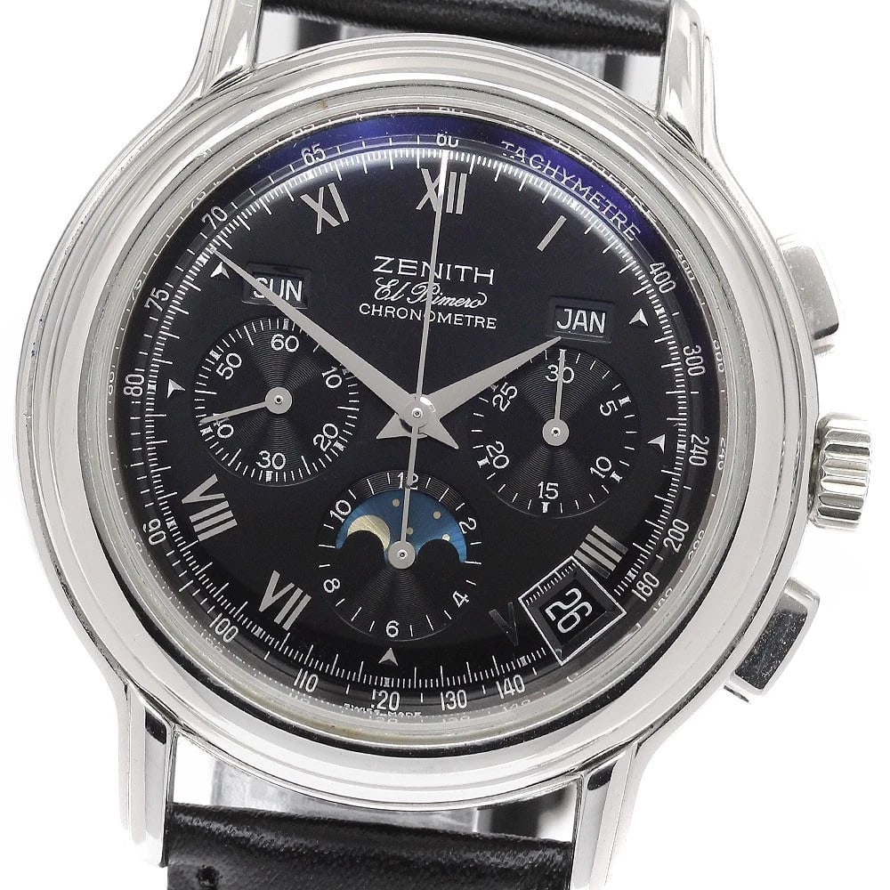 ZENITH CHRONOMASTER MOON PHASE TRIPLE CALENDAR AUTOMATIC WATCH: ZENITH Chronomaster Moon Phase Triple Calendar Automatic Watch Brand: ZENITH Type/Style: Wristwatch Material: Band Material leather, Case Material Stainless Steel Color: Band Color black, Case Color S