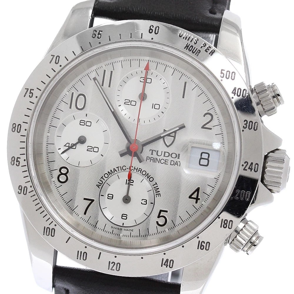 TUDOR PRINCE DATE CHRONO TIME AUTOMATIC WATCH: TUDOR Prince Date Chrono Time Automatic Watch Brand: TUDOR Type/Style: Wristwatch Material: Band Material leather, Case Material Stainless Steel Color: Band Color black, Case Color Silver, Dial Color