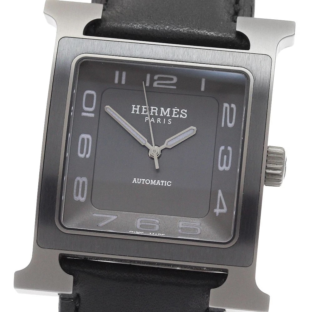 HERMES H WATCH AUTOMATIC WATCH: HERMES H Watch Automatic Watch Brand: HERMES Type/Style: Wristwatch Material: Band Material leather, Case Material titanium Color: Band Color black, Case Color gray, Dial Color gray Size: Case Size Ab
