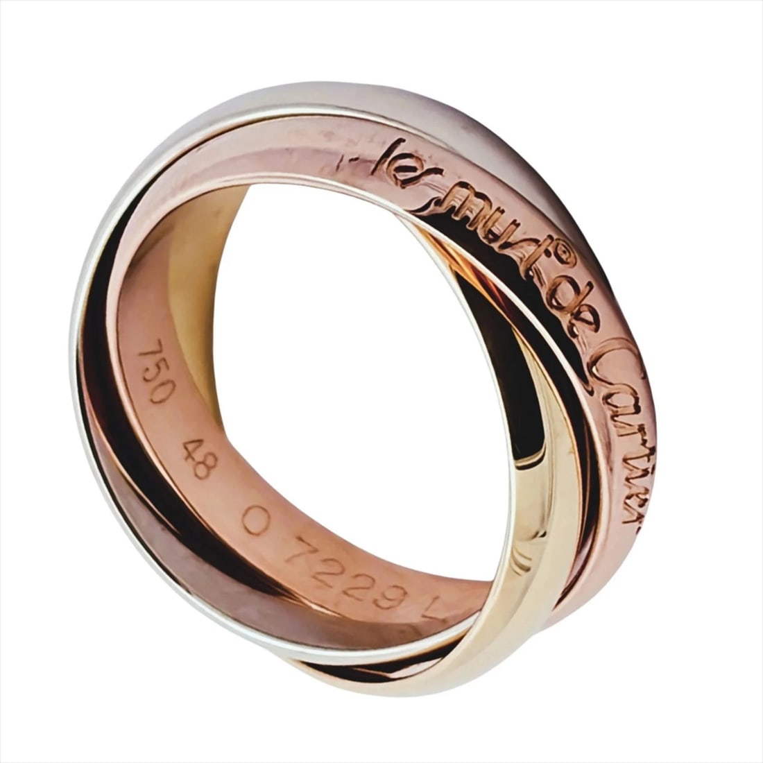CARTIER TRINITY RING, 18K YELLOW GOLD: Cartier Trinity Ring, 18K Yellow Gold Brand: Cartier Type/Style: Band Ring Material: Pink gold (18K) White gold (18K) Yellow gold (18K) Color: Pink gold Size: US 4.5 Accessories: None Acce