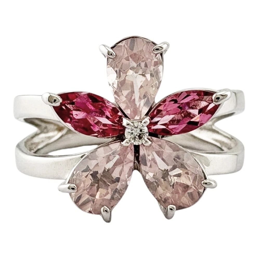 RING K18 WHITE GOLD ROSE QUARTZ PINK TOURMALINE: Ring K18 white gold Rose Quartz Pink tourmaline Brand: Unbranded Type/Style: Ring Material: K18 white gold, Main Stone/Creation Rose Quartz/Pink tourmaline/diamond Color: Silver Size: US 6 3/8
