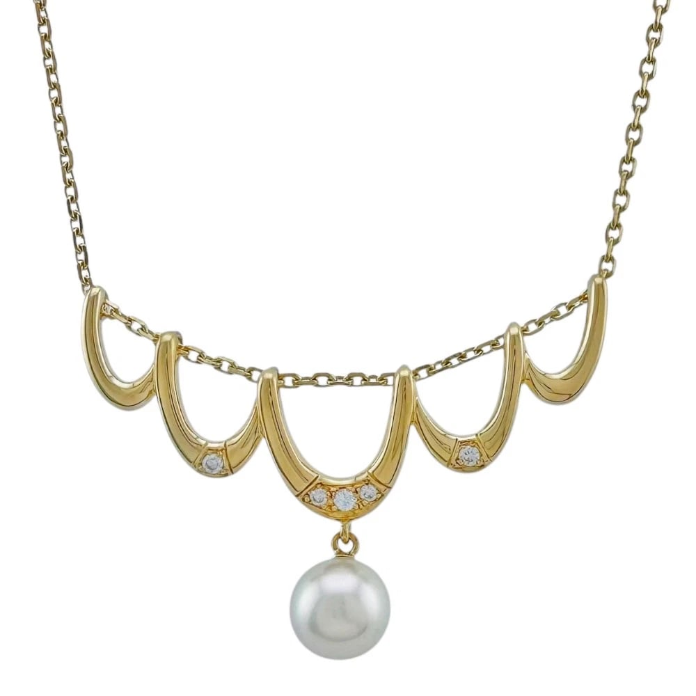 MIKIMOTO NECKLACE K18 YELLOW GOLD PEARL DIAMOND: MIKIMOTO Necklace K18 yellow gold Pearl diamond Brand: MIKIMOTO Type/Style: Necklace Material: K18 yellow gold, Main Stone/Creation Pearl/ diamond Color: gold Size: Total Length:40cm Chain