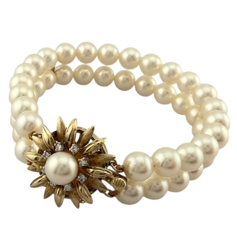 MIKIMOTO BRACELET K14 YELLOW GOLD AKOYA PEARL DIAMOND: MIKIMOTO Bracelet K14 Yellow Gold Akoya pearl diamond Brand: MIKIMOTO Type/Style: Bracelet Material: K14 Yellow Gold, Main Stone/Creation Akoya pearl/ diamond Color: gold Size: Total Length:18cm High