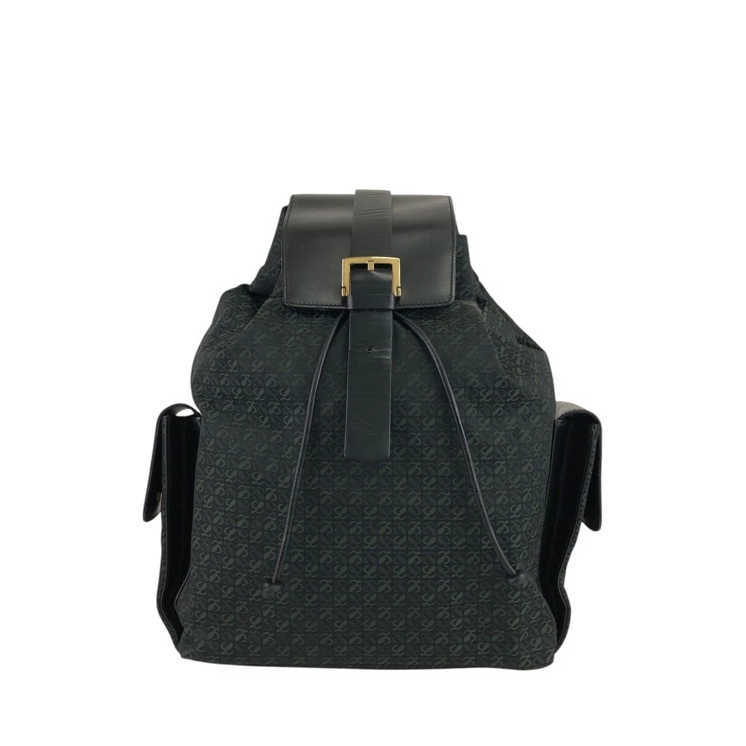 LOEWE JACQUARD LEATHER BACKPACK GREEN BLACK: LOEWE Jacquard Leather Backpack Green Black Brand: LOEWE Type/Style: Shoulder Bag Material: Jacquard fabric, Leather Color: Green Black Size: Measurets:Height: 38 cm (15 in) Width: 27 cm (10.6 in)