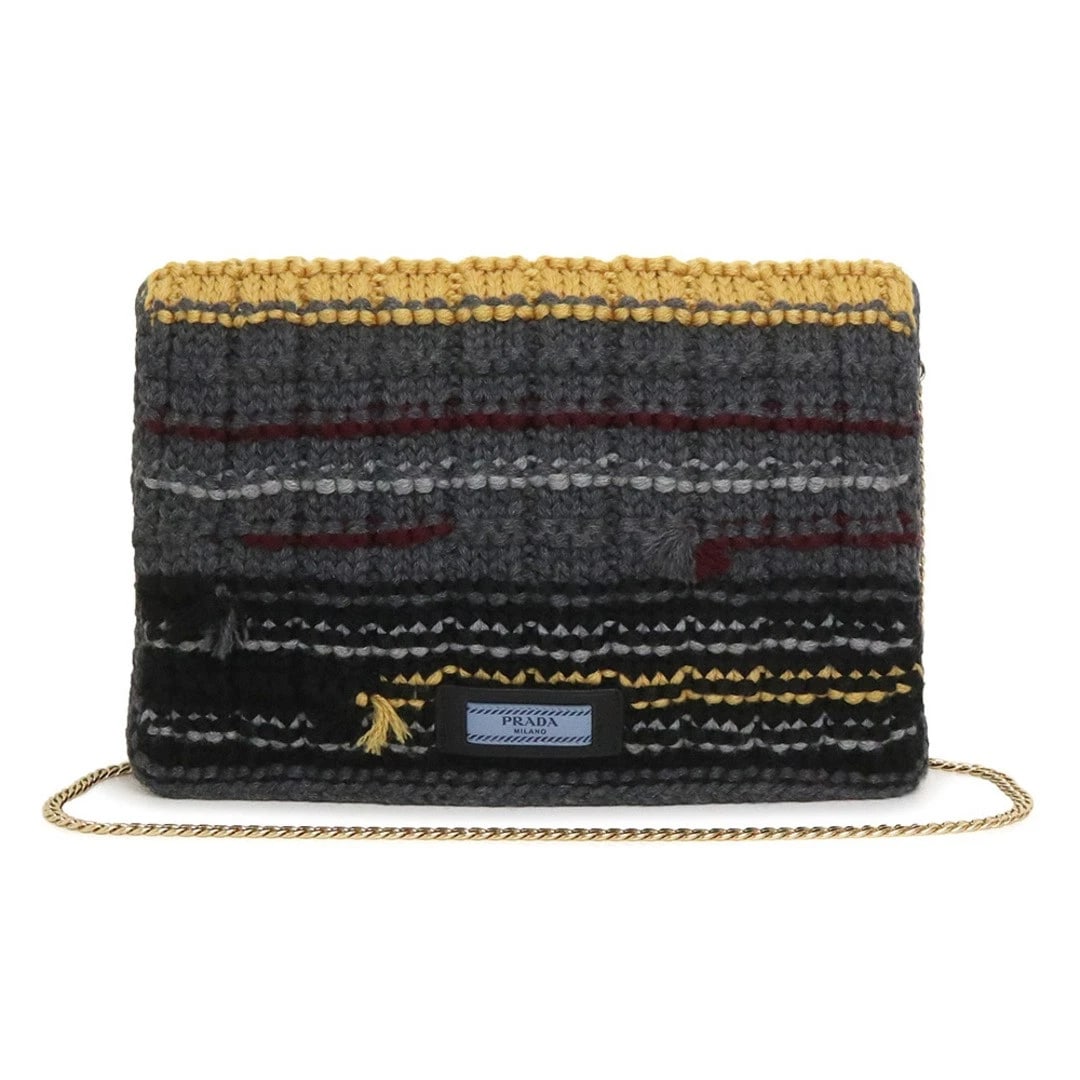 PRADA KNIT FLAP 2WAY CLUTCH CHAIN SHOULDER BAG NYLON: Prada Knit Flap 2WAY Clutch Chain Shoulder Bag Nylon Brand: PRADA Type/Style: Bag Material: TESSUTO (nylon), maglia knit Color: Ardesia (gray) with gold hardware Size: Approximately 32 cm (12.6 in) W