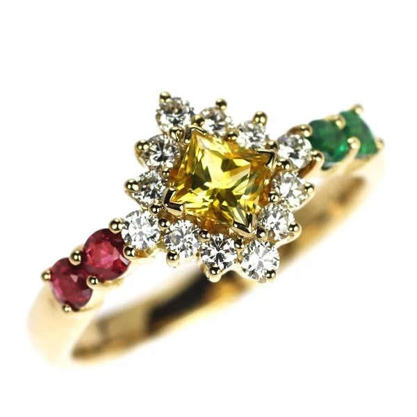 K18YG YELLOW SAPPHIRE COLOR STONE DIAMOND RING: K18YG yellow sapphire color stone diamond ring Brand: None Type/Style: Ring Material: K18YG, Main Stone/Creation sapphires Color: YG Size: 5.5 - 5.75US Accessories: None Accessories Notice: When