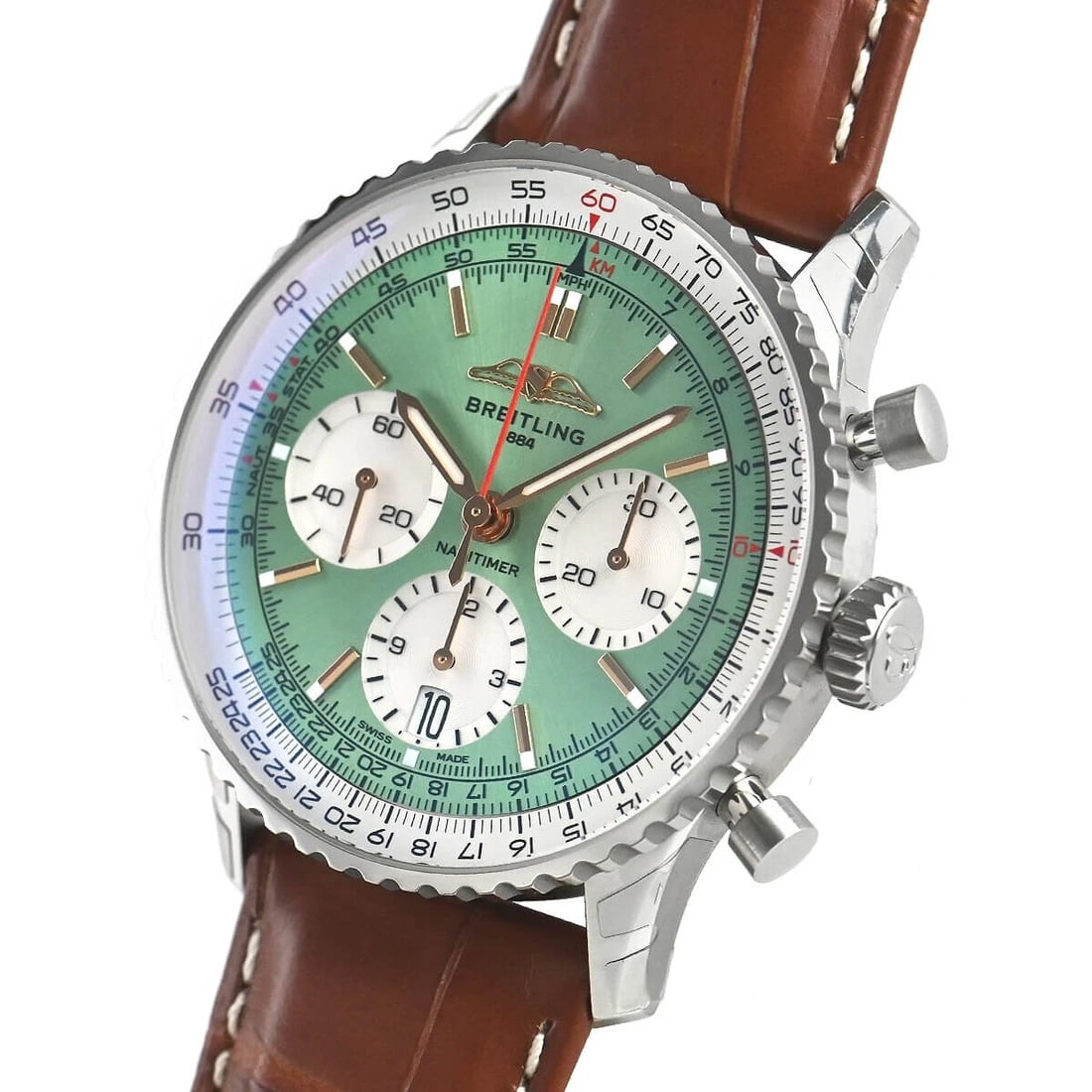 BREITLING NAVITIMER B CHRONOGRAPH WATCH: Breitling Navitimer B Chronograph Watch Brand: Breitling Type/Style: Wristwatch Material: SS Color: Dial Color Mint Green Size: Case Size: 41mm Accessories: None Accessories Notice: When p