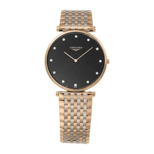 LONGINES LA GRANDE CLASSIQUE BLACK WATCH: Longines La Grande Classique Black Watch Brand: Longines Type/Style: Wristwatch Material: Case Stainless Steel (Pink Gold PVD) Color: Dial Color Black Size: Case Size] 36mm x 36mm x 5mmWrist