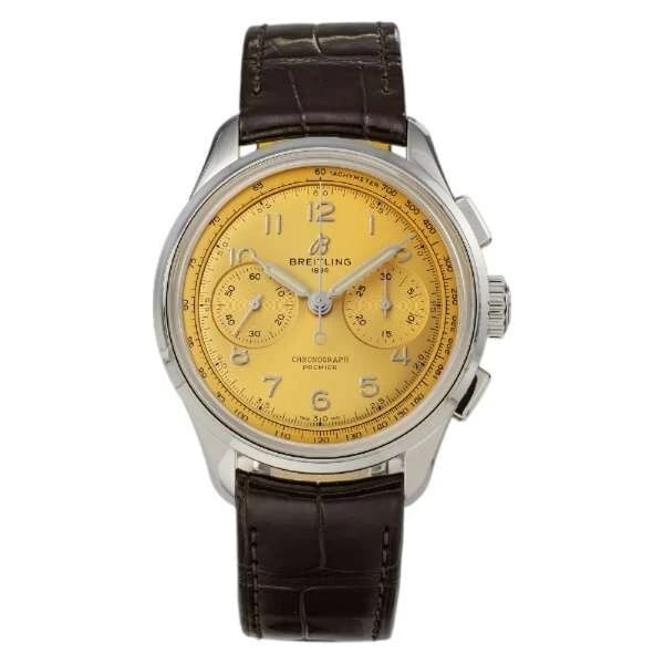 BREITLING PREMIER B CHRONOGRAPH WATCH: BREITLING Premier B Chronograph Watch Brand: Breitling Type/Style: Wristwatch Material: SS leather Color: Dial Color gold Size: Case Size: 40mm Accessories: None Accessories Notice: When purchasing