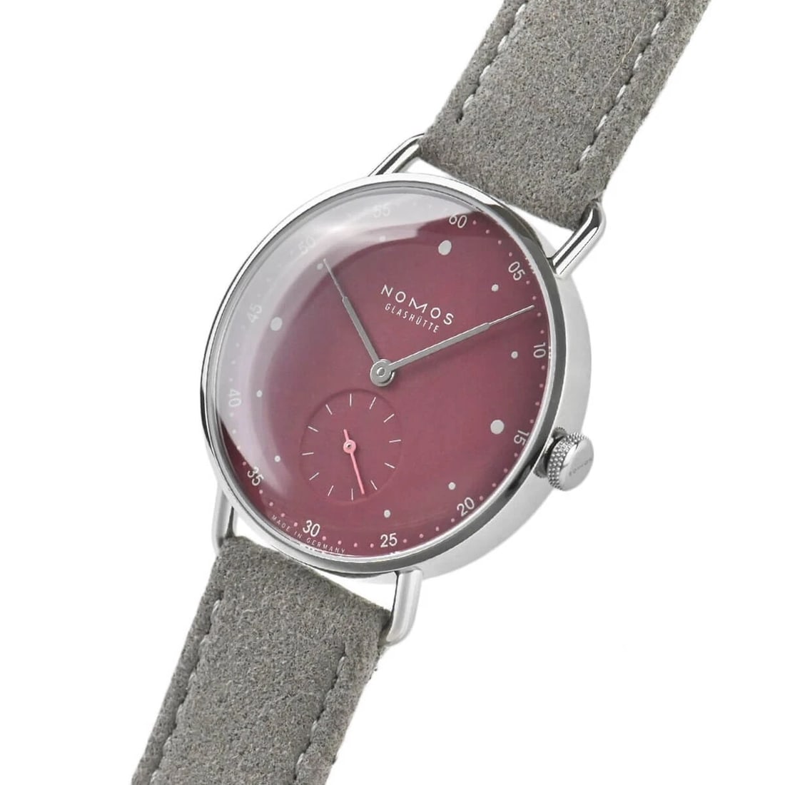 NOMOS GLASHUTTE METRO MULLED WATCH: Nomos Glashutte Metro Mulled Watch Brand: NOMOS Type/Style: Wristwatch Material: SS Color: Dial Color red Size: Case Size: 33mm Accessories: None Accessories Notice: When purchasing pre-owned goods,