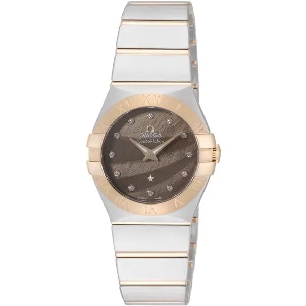 OMEGA CONSTELLATION QUARTZ LADIES METAL BELT WATCH: OMEGA Constellation Quartz Ladies Metal Belt Watch Brand: OMEGA Type/Style: Wristwatch Material: SS RG Color: Dial Color brown Size: Case Size: 27mm Accessories: None Accessories Notice: When