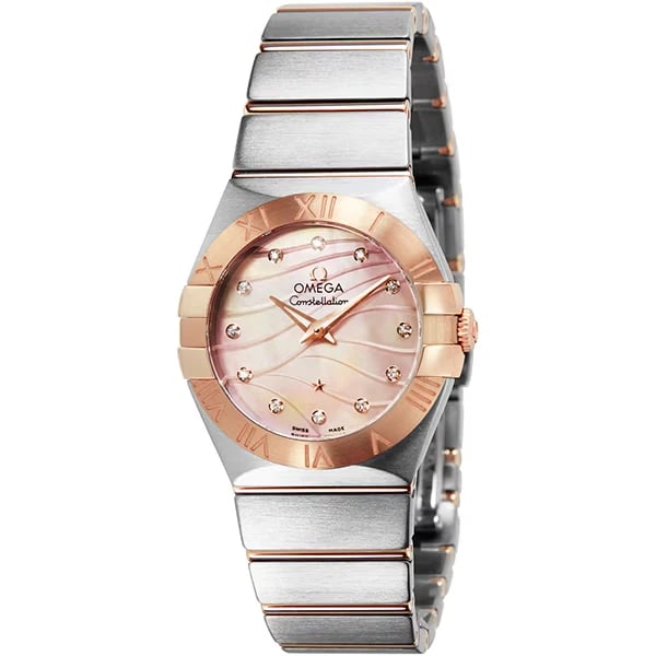 OMEGA CONSTELLATION QUARTZ LADIES METAL BELT WATCH: OMEGA Constellation Quartz Ladies Metal Belt Watch Brand: OMEGA Type/Style: Wristwatch Material: SS RG Color: Dial Color brown Size: Case Size: 27mm Accessories: None Accessories Notice: When