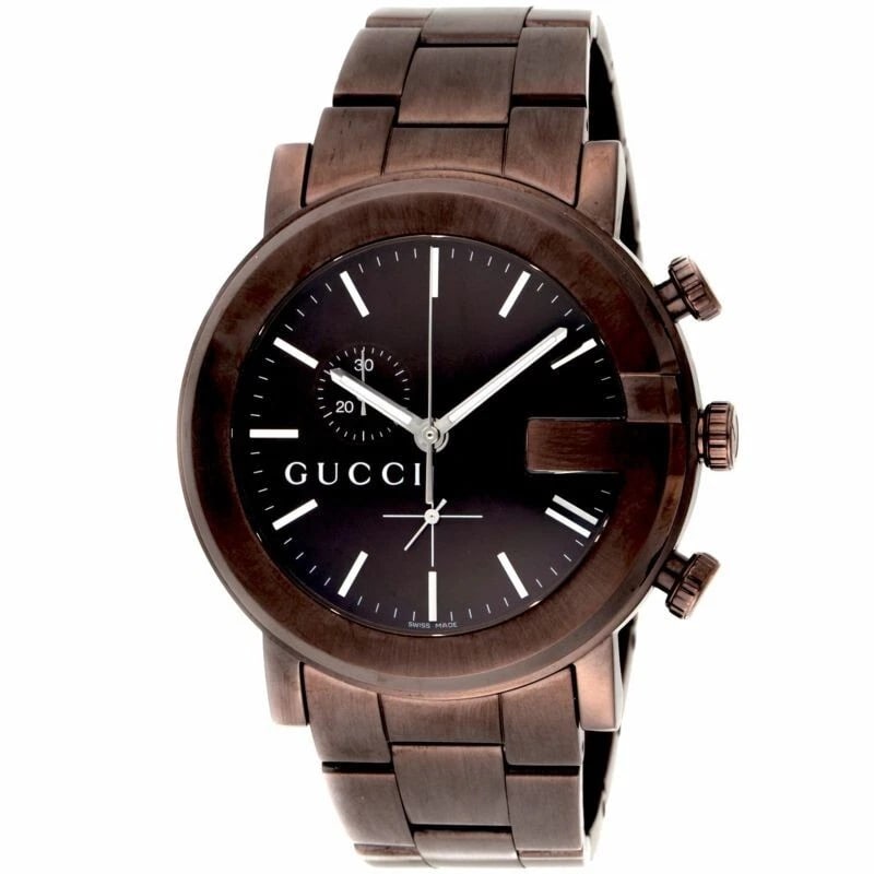 GUCCI G CHRONO WATCH: GUCCI G Chrono Watch Brand: Gucci Type/Style: Wristwatch Material: SSPVD Color: Dial Color Brown Size: Case diameter: 43.9 x 43.9 x 12.2 (mm) Arm circumference: 11 to 19.5 (cm) Accessories: None <