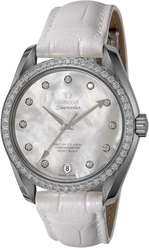 OMEGA WHITE PEARL DIAL LADIES WATCH: OMEGA White pearl dial Ladies Watch Brand: OMEGA Type/Style: Wristwatch Material: SS Color: Dial Color White Size: Case Size: 39mm Accessories: None Accessories Notice: When purchasing pre-owned