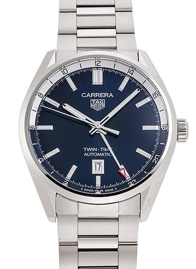 TAG HEUER CARRERA TWIN TIME DATE BLUE NEW WATCH: TAG Heuer Carrera Twin Time Date Blue New Watch Brand: TAG Heuer Type/Style: Wristwatch Material: SS Color: Dial Color Blue Size: Case Size: 41mm Accessories: None Accessories Notice: When purchasing