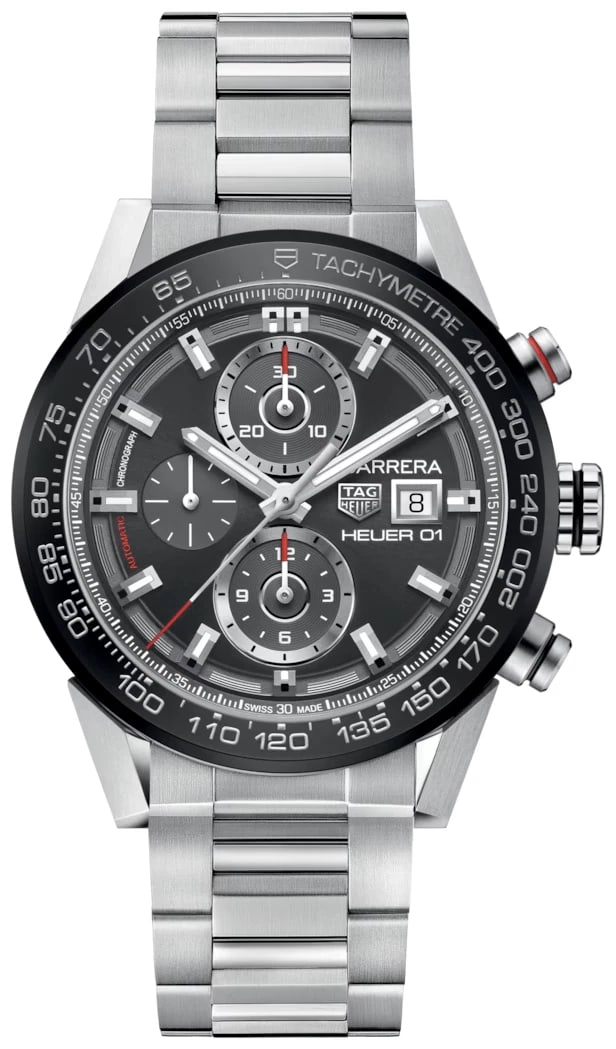 TAG HEUER CARRERA CALIBRE HEUER WATCH: TAG Heuer Carrera Calibre Heuer Watch Brand: TAG Heuer Type/Style: Wristwatch Material: SS ceramic Color: Dial Color gray Size: Case Size: 43mm Accessories: None Accessories Notice: When purchasing