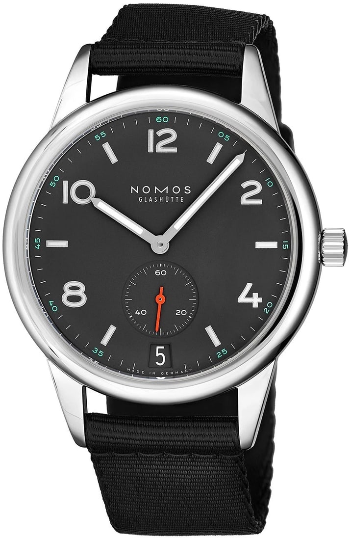 NOMOS CLUB AUTOMATIC DATE WATCH: NOMOS Club Automatic Date Watch Brand: NOMOS Type/Style: Wristwatch Material: SS Color: Dial Color Blue Size: Case Size: 41.5mm Accessories: None Accessories Notice: When purchasing pre-owned goods,