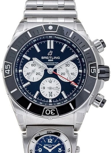 BREITLING SUPER CHRONOMAT B BLACK/SILVER NEW WATCH: Breitling Super Chronomat B Black/Silver New Watch Brand: Breitling Type/Style: Wristwatch Material: SS Color: Dial Color Black Size: Case Size: 44mm Accessories: None Accessories Notice: