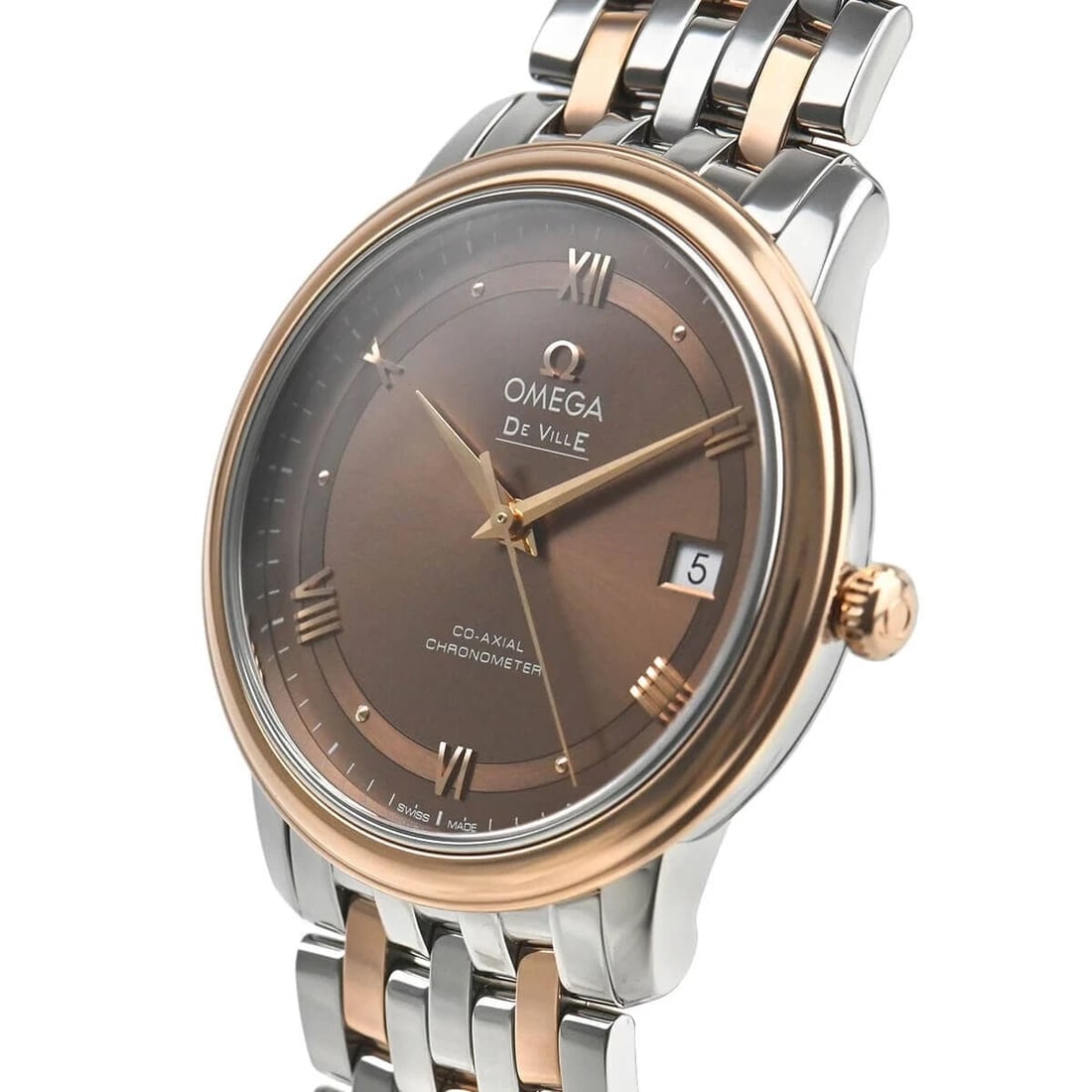 OMEGA DE VILLE PRESTIGE CO-AXIAL WATCH: Omega De Ville Prestige Co-Axial Watch Brand: OMEGA Type/Style: Wristwatch Material: SS + 18k Rose Gold Color: Dial Color Brown Size: Case Size: 36.8mm Accessories: None Accessories Notice: When
