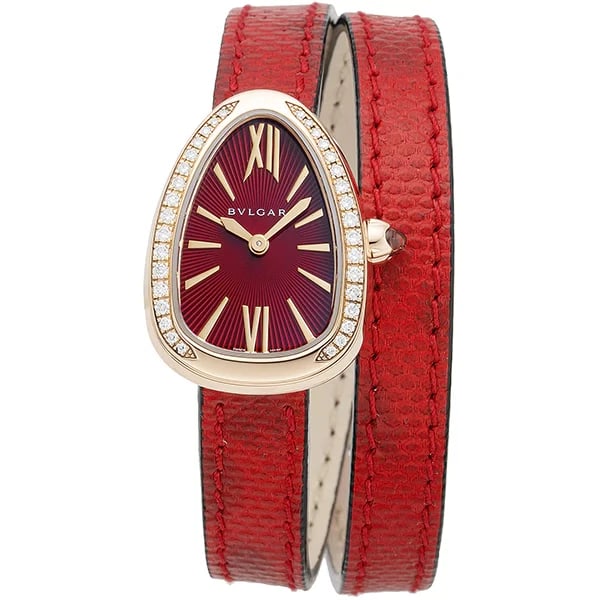 BVLGARI BVLGARI WOLEATHER BELT WATCH: BVLGARI Bvlgari WoLeather Belt Watch Brand: Bvlgari Type/Style: Wristwatch Material: Gold: 18K) Pink gold Color: Dial Color RED Size: Case Size: 33mm Accessories: None Accessories Notice: