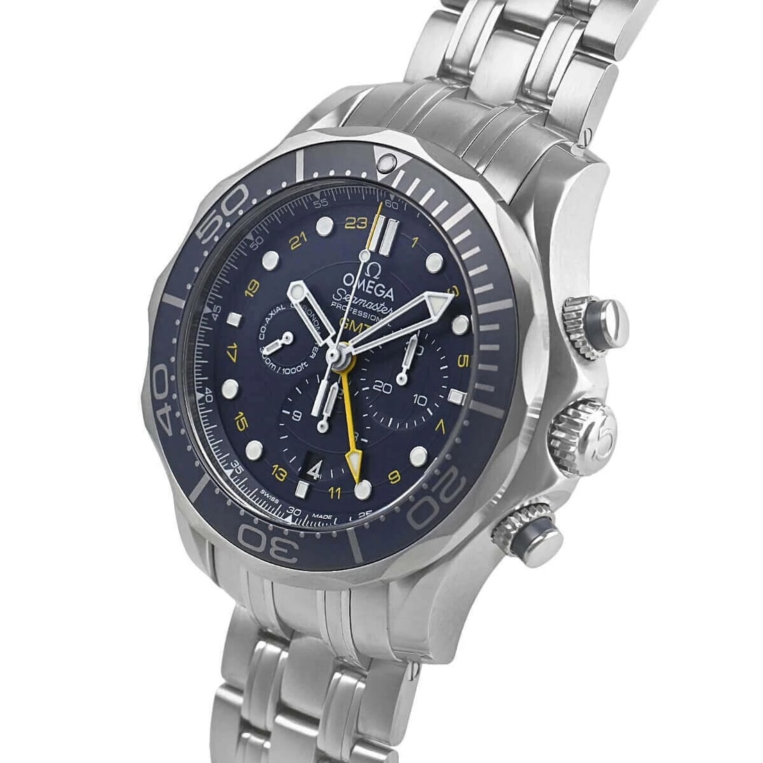 OMEGA SEAMASTER DIVER CO-AXIAL GMT CHRONOGRAPH WATCH: Omega Seamaster Diver Co-Axial GMT Chronograph Watch Brand: OMEGA Type/Style: Wristwatch Material: SS Color: Dial Color blue Size: Case Size: 44mm Accessories: None Accessories Notice: When