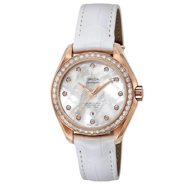 OMEGA SEAMASTER AQUA TERRA MASTER CO-AXIAL WATCH: Omega Seamaster Aqua Terra Master Co-Axial Watch Brand: OMEGA Type/Style: Wristwatch Material: 18k pink Gold Color: Dial Color White MOP Size: Case Size: 34mm Accessories: None Accessories Notice: